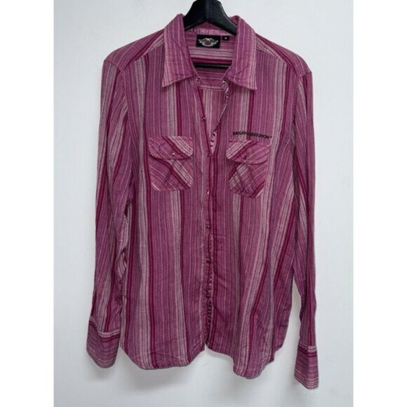 Harley Davidson Shirt Womens Plus Size 1W Pink Striped Long Sleeve Pearl Snap - Picture 1 of 1